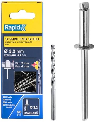 Roestvrijstalen Blinde Popnagels Ø 3,2 mm - 2-4 mm Klembereik - 50 Stuks met Boor en Voorzien van Blindnageltang