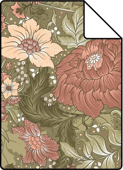 Proefstaal ESTAhome behang vintage bloemen groen en oudroze - 26.5 x 21 cm - 131196-S