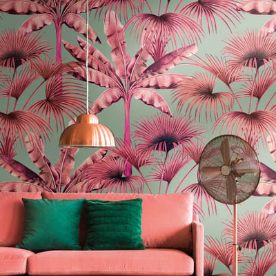 Fotobehang Profhome 391833-GU vliesbehang hardvinyl warmdruk in reliëf glad in jungle stijl mat roze turkooisgroen zuurstokroze bleekgroen 1,59 m x 2,8 m
