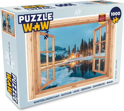 Puzzel Winterlandschap - Natuur - Huis - Bergen - Doorkijk - Raam - Legpuzzel - Puzzel 1000 stukjes volwassenen