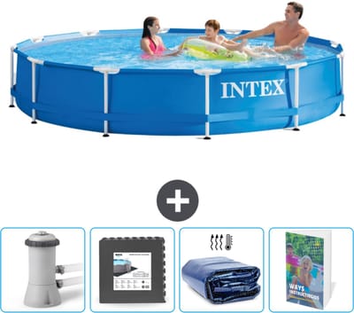 Intex Rond Frame Zwembad - 366 x 76 cm - Blauw - Inclusief Zwembadfilterpomp - Vloertegels - Solarzeil - Zwembadgids