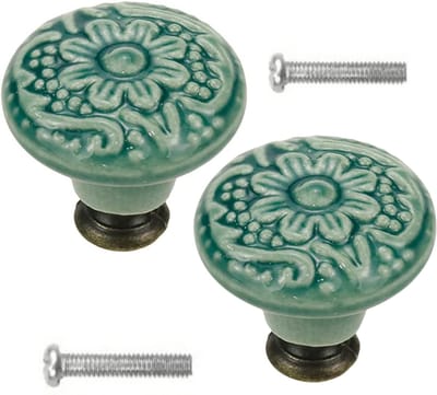 Meubelknoppen Set Groen Keramiek Rond met Bloem - 2x Kastknop met schroef - Vintage/Antiek handgreep voor deur en lade
