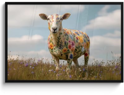 Poster in lijst - Fotolijst 120x80 cm - Posters - Schaap - Bloemen - Weide - Posterlijst zwart - Decoratie - Wanddecoratie woonkamer - Muurdecoratie slaapkamer