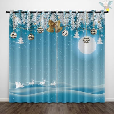 2 stuks gordijnen met kerstbel-sneeuwpatroonprint voor decoratie van natuurlandschap, slaapkamers en woonkamers 140x160cm&Grommet Top blue