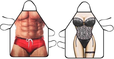 Dailygoods - 2 Stuks Grappig Kookschort Keukenschort Dames Heren Sexy Kookschort Gepersonaliseerd 3D Spier Man Bikini Dames Feest Kastschorten voor Mannen Grappig, 80 x 60 cm, Meerkleurig, Eén Maat