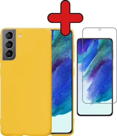 Hoesje - Met Screenprotector - Geschikt voor Samsung Galaxy S21 FE - Sterk & Shockproof - Telefoon Hoes - Back Cover - Siliconen Case - Telefoonhoes - Geel