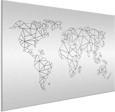 Wanddecoratie Metaal - Aluminium Schilderij Industrieel - Wereldkaart - Lijn - Zwart - Wit - 100x50 cm - Dibond - Foto op aluminium - Industriële muurdecoratie - Voor de woonkamer/slaapkamer