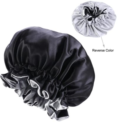 Satijnen bonnet - Slaapmuts - Haarbescherming - Haar beschermen tijdens slapen - Krullen beschermen - Haarkapje - Hair/sleeping cap - Curl protection - Dubbele laag - Zwart - Jonyx