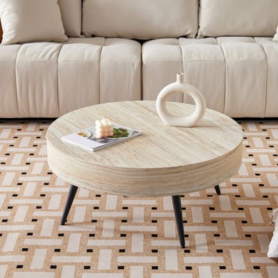 MODFU Ronde Salontafel - Minimalistisch - Voor Woonkamer - MDF En Metaal - Zwart En Lichte Houtlook - Ø 70 x 35,5 cm