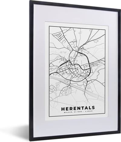 Fotolijst incl. Poster Zwart Wit- Stadskaart – Plattegrond – België – Zwart Wit – Herentals – Kaart - 30x40 cm - Posterlijst
