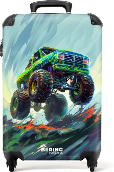 NoBoringSuitcases.com® - Kinderkoffer - Kindertrolley - Groene monstertruck met penseelstreken - Handbagage koffer lichtgewicht - Reiskoffer trolley - Rolkoffer met wieltjes - Past binnen 55x40x20 en 55x35x25