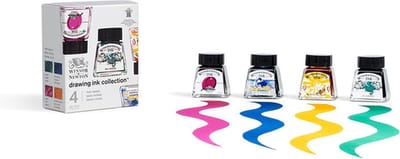 Winsor & Newton 1090104 Tekentint Set „Rich Tones“ 4x14 ml – sneldrogende, transparante inkt voor penseel, pen en airbrush - Drawing Ink Collection