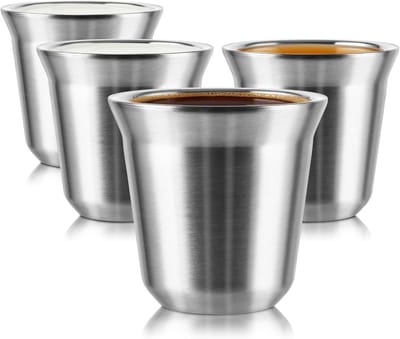 4 stuks 80 ml roestvrijstalen espressokopjes | Dubbelwandig, compact en stapelbaar voor koffie, thee en campinggebruik