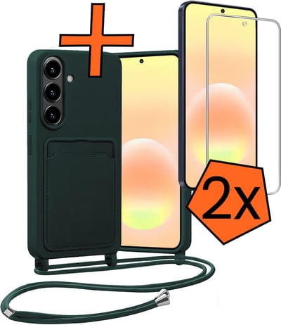 Hoesje Geschikt voor Samsung A57 Hoes Met Telefoonketting Met 2x Screenprotector - Backcover Geschikt voor Samsung Galaxy A57 Case Met Koord - Donkergroen