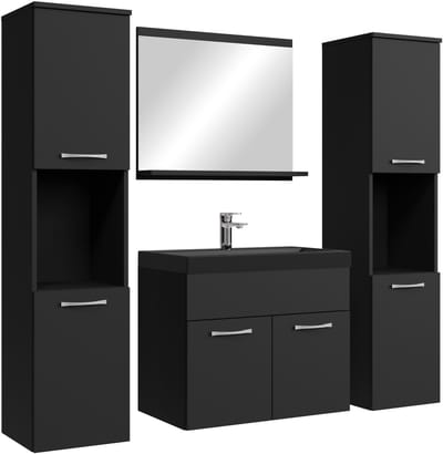Badplaats Badkamermeubel Set Montreal XL 60 x 35 cm – Mat Zwart – Badmeubel met Zwarte Wastafel en Zijkasten