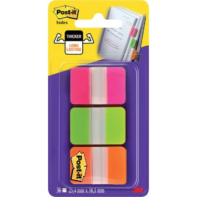 Post-it Index Strong, , ft 25,4 x 38 mm, blister met 3 kleuren (roze, groen en oranje), 12 tabs per kleur