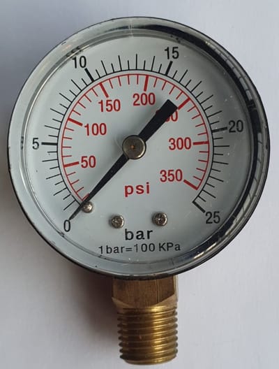 K&W Manometer 50 mm diameter 0-25 bar met 1/4" onder aansluiting geschikt voor luchtdruk