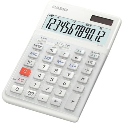 Casio JE-12E-WE Bureaurekenmachine Wit Aantal displayposities: 12 werkt op batterijen, werkt op zonne-energie (b x h x d) 111 x 178 x 24 mm
