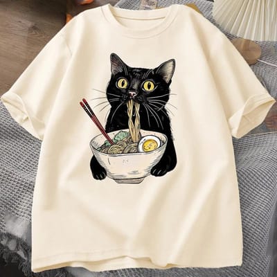 Noodle Kat Print Korte Mouw Gepersonaliseerde Street Fashion Veelzijdig Los Sweatshirt T-shirt 2XL black
