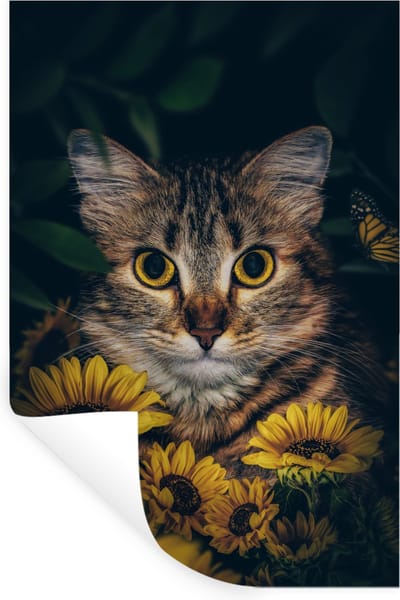 Muurstickers - Sticker Folie - Kat - Geel - Bloemen - Botanisch - 20x30 cm - Plakfolie - Muurstickers Kinderkamer - Zelfklevend Behang - Zelfklevend behangpapier - Stickerfolie