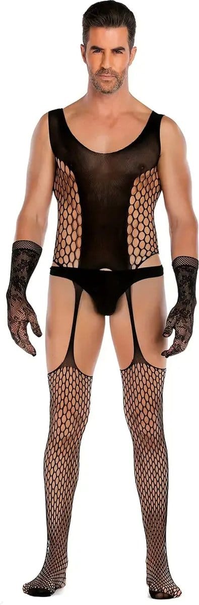 LekkerStout Heren Jarretelbody - Handschoenen - Zwart - Sexy Herenlingerie | M-XL | ( LS159 )