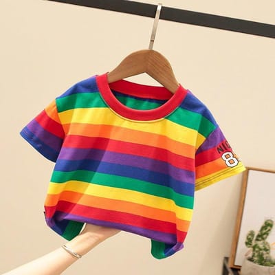 Kindert-shirt met regenboogstrepen en korte mouwen voor jongens en meisjes, zomer baby top met halve mouwen 100 rood