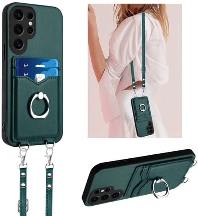 Voor Samsung Galaxy S24 Ultra 5G R20 Crossbody Rope Ring Kaarthouder Telefoonhoesje (Groen)