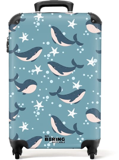 NoBoringSuitcases.com - Koffer - Walvissen met zeesterren patroon blauw - Past binnen 55x40x20 cm en 55x35x25 cm - Trolley handbagage - Valiezen met wieltjes volwassenen - Reiskoffer op wielen - Rolkoffer lichtgewicht