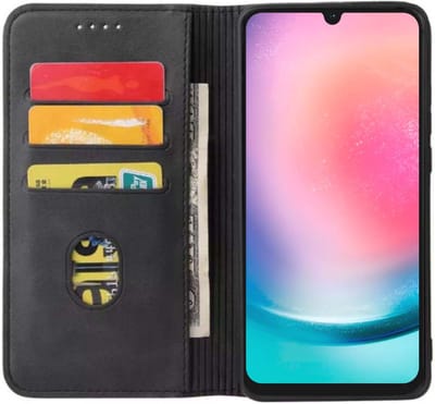 Smartphonica Samsung Galaxy A24 4G kunstleren hoesje met magnetische sluiting en pashouders book case - Zwart geschikt voor Samsung Galaxy A24 4G