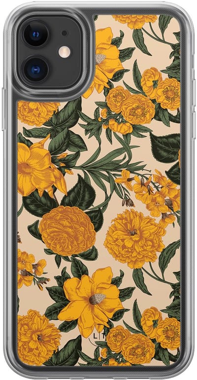 Hoesje geschikt voor iPhone 11 - Retro flowers - 2in1 backcover - Bloemen - Geel - Leuke Telefoonhoesjes
