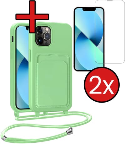 Hoesje Geschikt voor iPhone 13 Pro Hoesje Met Telefoonkoord en Pasjeshouder Met 2x Screenprotector Siliconen - Hoes Geschikt voor iPhone 13 Pro Hoesje Met Kaarthouder Case - Groen