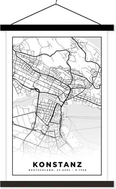Posterhanger incl. Poster 40x60 cm - Schoolplaat - Konstanz - Plattegrond - Kaart - Stadskaart - Textielposter - Zwarte latten - Stadskaart