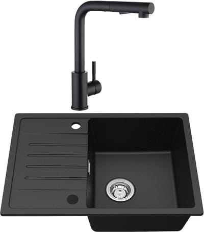 CECIPA max Spoelbak Keuken 65x45cm Zwart - Granieten Spoelbakken Met Keukenkraan - Enkele spoelbak - Incl. Sifon en Afvoerzeefje