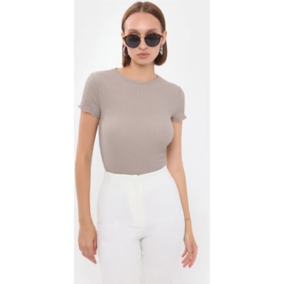 Geverfde Gewoven Korte Mouw Ronde Hals Top