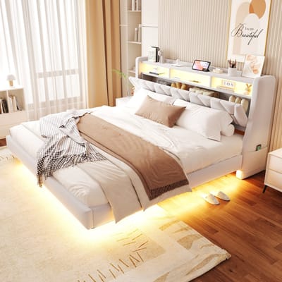 DESMIU Gestoffeerd Bed 180x200cm - Hoofdbord Met Oplaadfunctie En Opbergruimte - Verlicht Bedontwerp Met Opklapbaar Hoofdbord - Moderne Slaapkamer - Zacht Fluweel - Beige - Zonder Matras