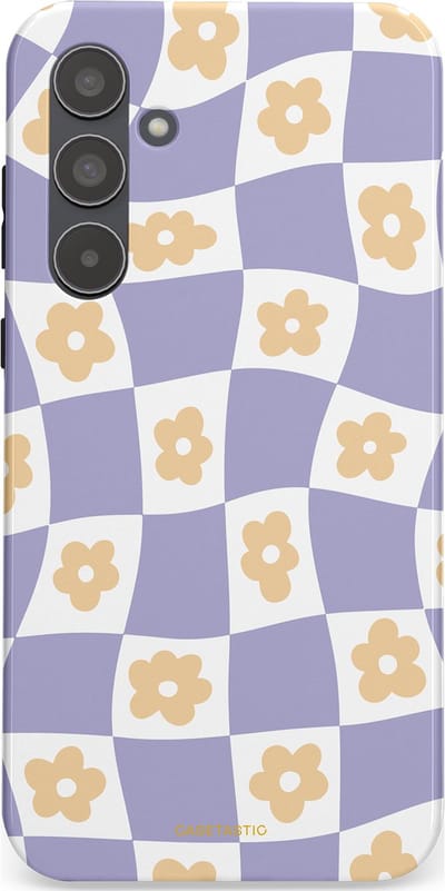 Casetastic hoesje geschikt voor Samsung Galaxy A55 - Dubbellaagse bescherming - Kronkelende madeliefjes - Fashion Case - Lila Wit Zand Lichtgrijs