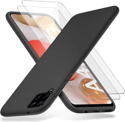 Silicone hoesje zwart met 2 Pack Tempered glas Screen Protector Geschikt voor: Samsung Galaxy A42 5G