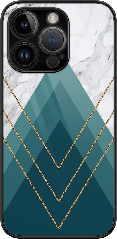 Hoesje geschikt voor iPhone 14 Pro - Geometrisch blauw - Luxe Glazen Hardcase - Bloemen - Multi - Leuke Telefoonhoesjes