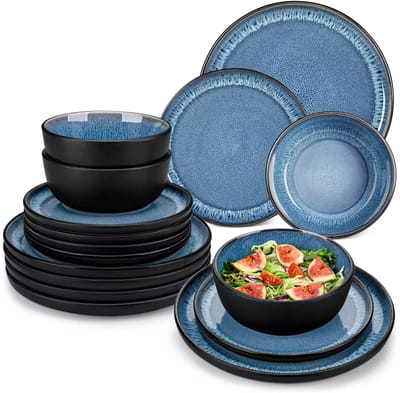 Luxe Serviesset – 18 delig – 6 persoons – Steengoed - Bordenset – Dinner platen – Dessertborden - Kommen - Blauw