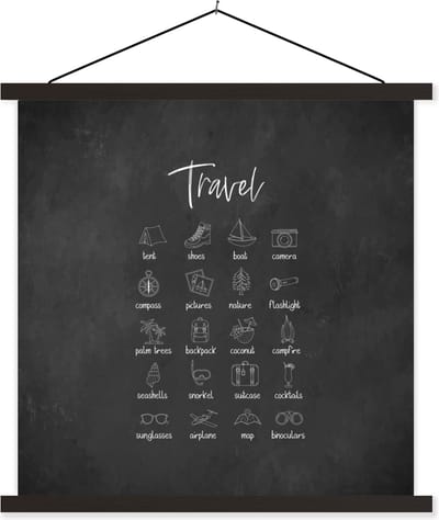 Posterhanger incl. Poster 60x60 cm - Schoolplaat - Spreuken - Quotes - Travel - Boot - Camera - Textielposter - Zwarte latten