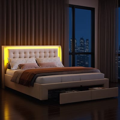 Gestoffeerd bed 180x200 cm met LED-verlichting en opbergruimte – Fluwelen tweepersoonsbed met lades en Lattenbodem – Beige – Zonder matras