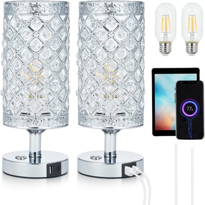 Lampe de bureau tactile en cristal, ampoule LED blanc chaud 3 000 K, port de charge USB C+A, batterie 4 000 mAh argenté