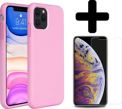 Hoesje - Met Screenprotector - Geschikt voor Apple iPhone 11 Pro - Sterk & Shockproof - Telefoon Hoes - Back Cover - Siliconen Case - Telefoonhoes - Roze