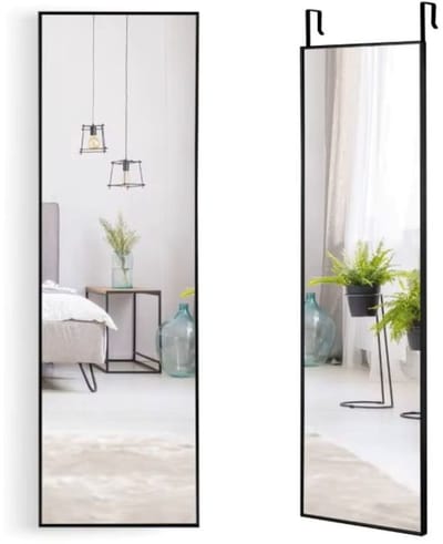 Venzor - Wandspiegel 37×120 cm – Volledige Lichaamsspiegel met Verstelbare Deurhaken – Aluminium Frame – Zilver