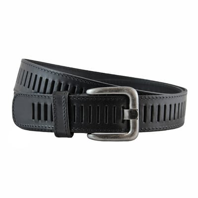 Houtkamp Leren Geperforeerde Sleufjes Riem - Dames en Heren - Volledig Nerfleer - Gestikte Rand - Echt Leer - Zwart - Lengte totaal 110 cm / Riemmaat 95