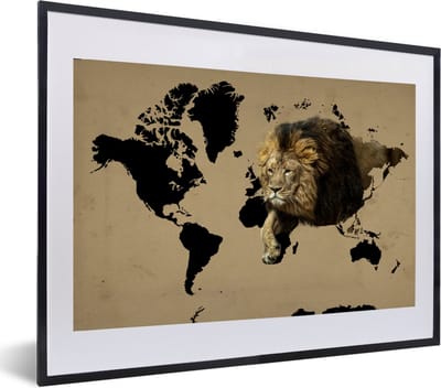 Poster in lijst - Fotolijst 60x40 cm - Posters - Wereldkaart - Zwart - Leeuw - Posterlijst zwart - Decoratie - Wanddecoratie woonkamer - Muurdecoratie slaapkamer