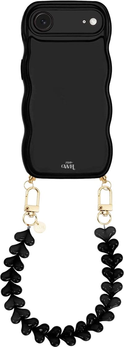 xoxo Wildhearts Glossy Wavy Cord Case Black - Funky Hearts (Zwart) - geschikt voor iPhone 17 Air - hoesje met koord - telefoonkoord met hartjes - golvend hoesje - silicone case - schokbestendig - zwart
