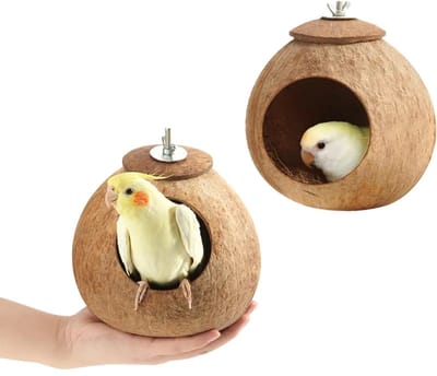 Natuurlijke Kokosschelp Vogelhuisje – 2 Pack – Schuil- en Broednest voor Vogelkooien – Geschikt voor Parkieten, Lovebirds, Budgies, Cockatiels, Vinken en Kanaries – Ook als Hamsterspeelgoed