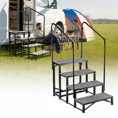 VEVOR Camperopstap met 2 handrails (4 treden), staande opstap met een draagvermogen van 300 kg, buitenopstap met antislipmat voor senioren/huisdieren, opstap voor campers, stacaravans, veranda's, zwembaden en spa's.
