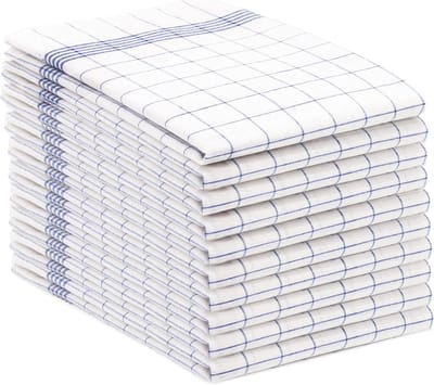 Famanu - Set van 10 blauwe katoenen theedoeken 50x70 cm, geruit design